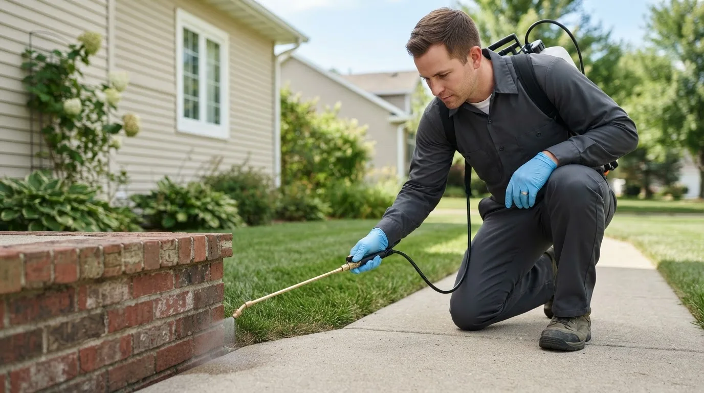 Pest control technician treating a home near Chester, VT