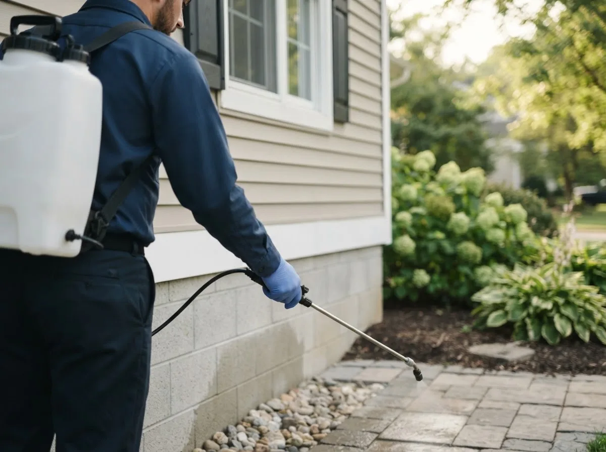 Pest control technician inspecting a home in Chester, VT